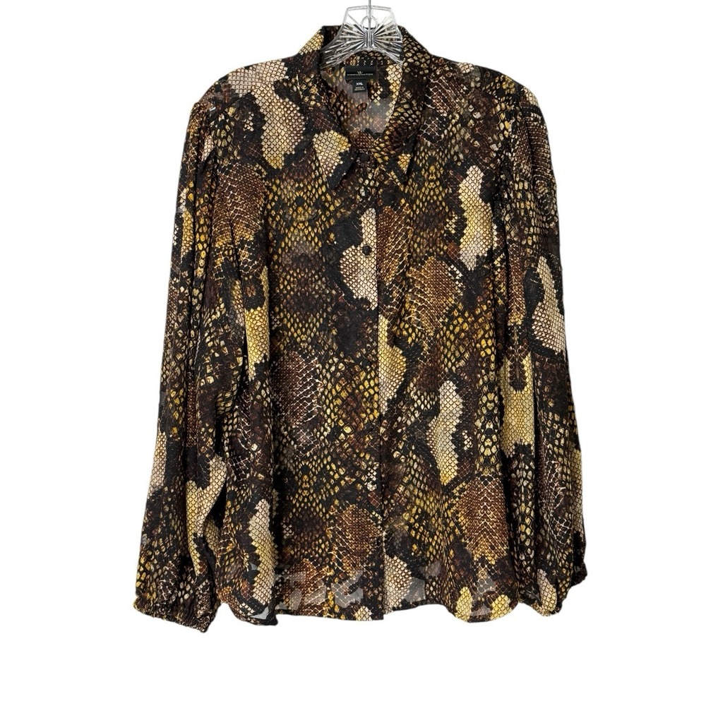 Worthington Sheer Snake Print Collared Blouse Long Balloon‎ Sleeves Womens XXL